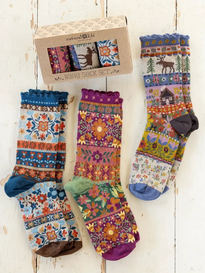 Boxed Boho Sock Set, Set of 3 - Maroon Moose-view 2