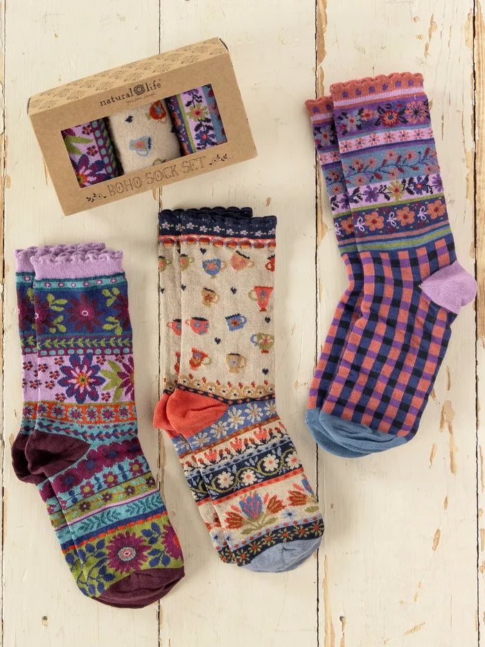 Boxed Boho Sock Set, Set of 3 - Purple Coffee Cups-view 1