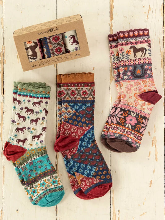 Boxed Boho Sock Set, Set of 3 - Red Horses-view 1