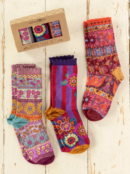 Boxed Boho Sock Set, Set of 3 - Striped Floral-view 1