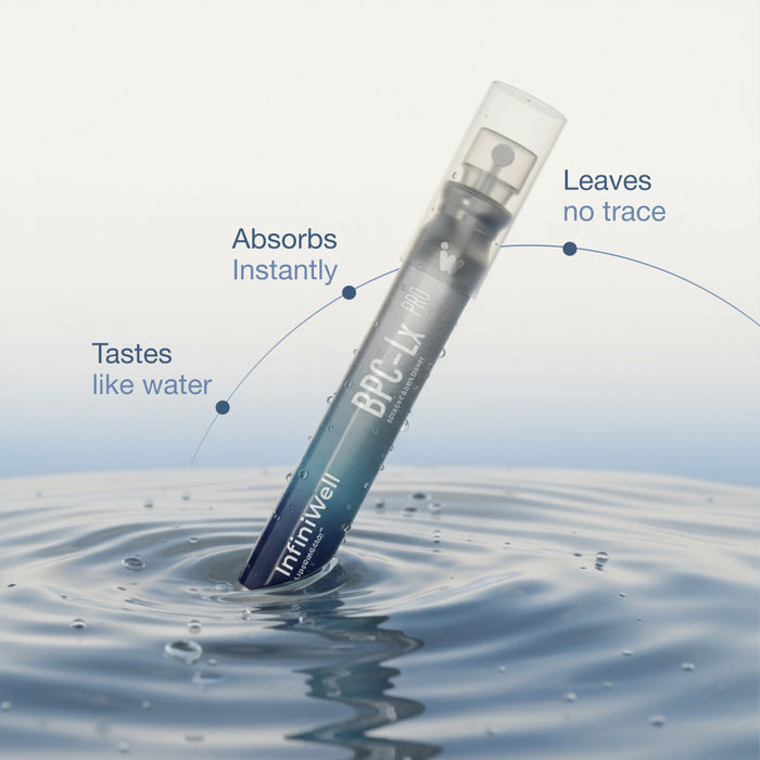 InfiniWell BPC-Lx Pro oral spray bottle partially submerged in water with product feature callouts.