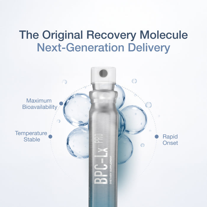 InfiniWell BPC-Lx Pro oral spray promotional graphic with product bottle and feature callouts.