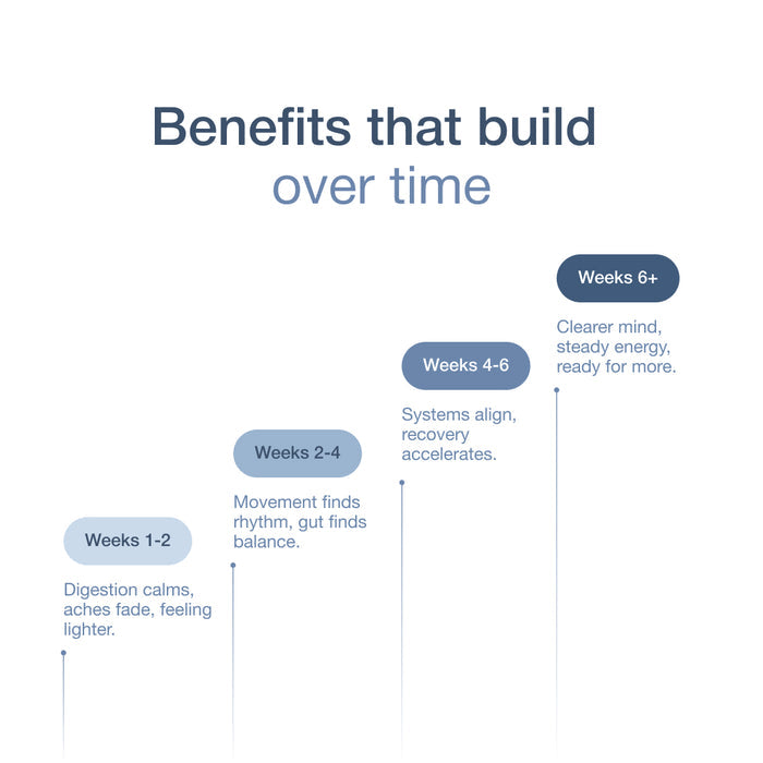 InfiniWell benefits timeline infographic showing a week-by-week progression of product benefits over time.