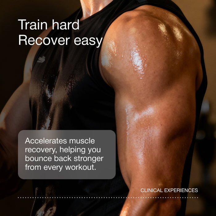 Close-up of a muscular arm and shoulder with promotional text about workout recovery.