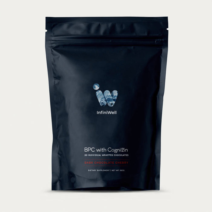 Black InfiniWell BPC with Cognizin dark chocolate cherry pouch standing upright on a white background, 30 wrapped chocolates.