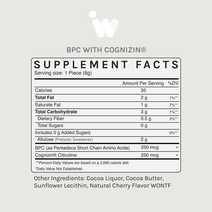 Supplement Facts panel for InfiniWell BPC with Cognizin chocolate, showing nutrition facts, BPC, Cognizin, and serving size.