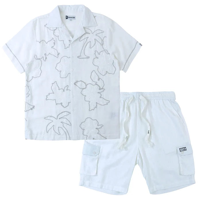 (B&T) MAKOBI LEVONIA LINEN SHIRT & SHORT SET - M822B - WHITE