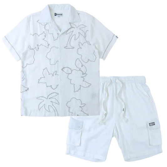 (B&T) MAKOBI LEVONIA LINEN SHIRT & SHORT SET - M822B - WHITE