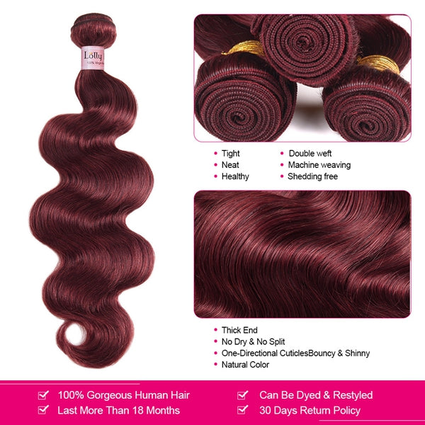 burgundy color human hair bundles with lace closure