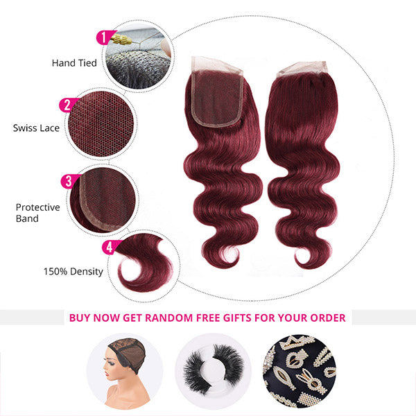 high quality 99j burgundy human hair bundles with lace closure
