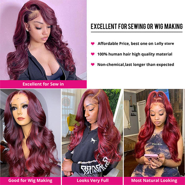 body wave burgundy color human hair bundles with lace closure