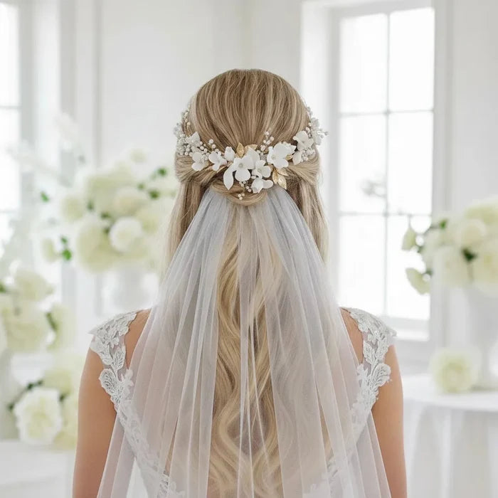 Wedding Hair Accessories - Ceramic Flowers Bridal Double Hair Comb - Available in Gold and Silver