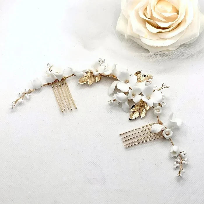 Wedding Hair Accessories - Ceramic Flowers Bridal Double Hair Comb - Available in Gold and Silver