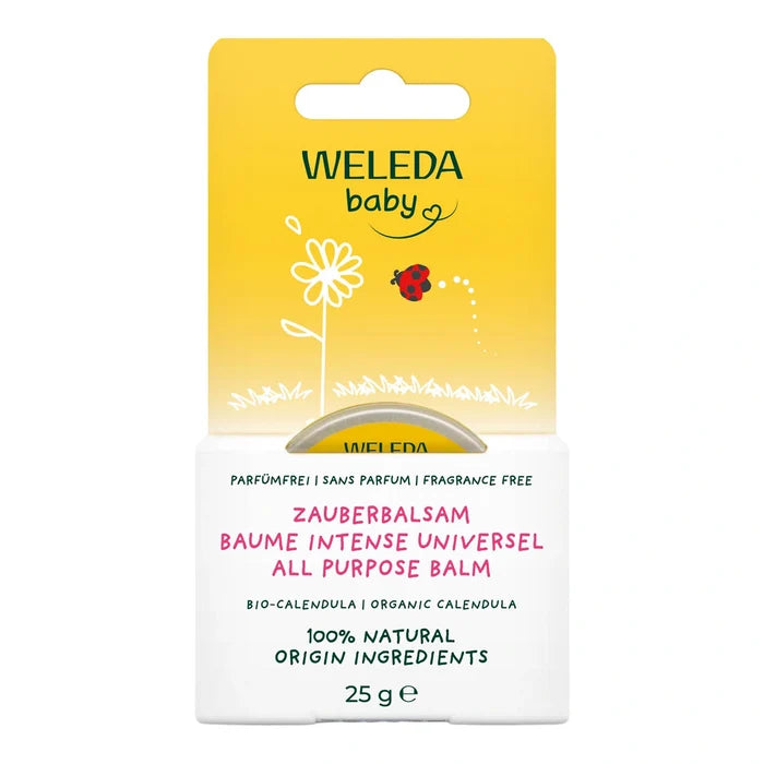 Weleda baby all-purpose balm packaging with yellow and white design.