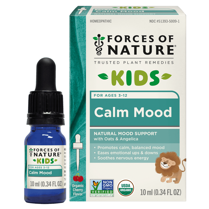 Front view of Calm Mood for Kids 10 ml dropper bottle and box showcasing green label and dropper cap on white background