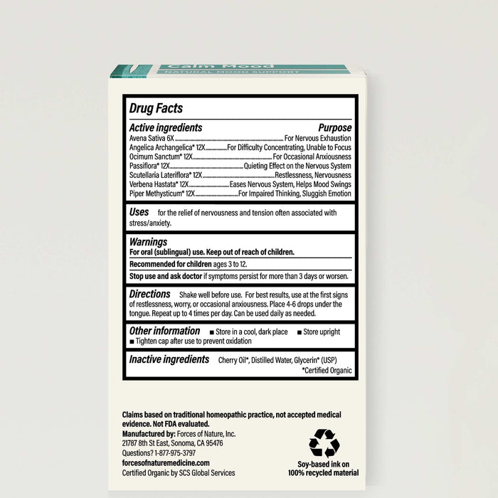 Text panel: Drug Facts for Calm Mood for Kids listing active ingredients, uses, warnings, directions