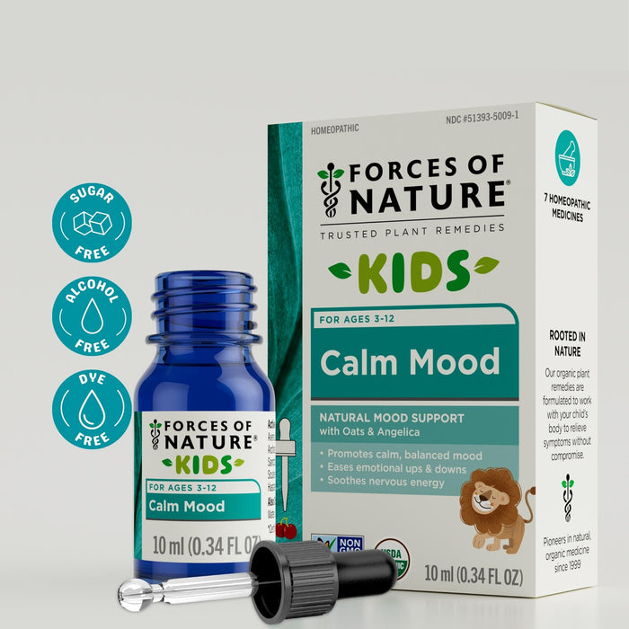 Front view of Calm Mood for Kids 10 ml bottle and box showcasing Calm Mood label, dropper, and sugar free, alcohol free, dye free icons on a light gray background