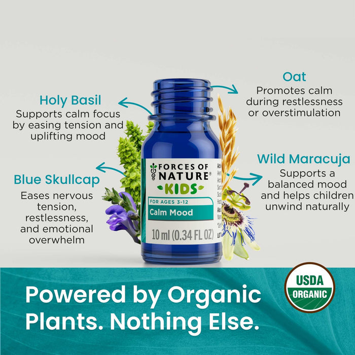 Product infographic showing Calm Mood for Kids bottle with ingredient callouts and banner ‘Powered by Organic Plants. Nothing Else’