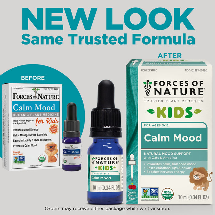 Promotional banner showing NEW LOOK Same Trusted Formula and before-and-after Calm Mood for Kids packaging