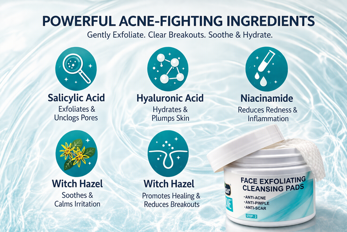 Chear Acne Exfoliating Cleansing Pads 55 Pads – Salicylic Acid, Niacinamide & Hyaluronic Acid Face Pads with Witch Hazel, Pore Clearing Disposable Wipes for Acne & Oily Skin