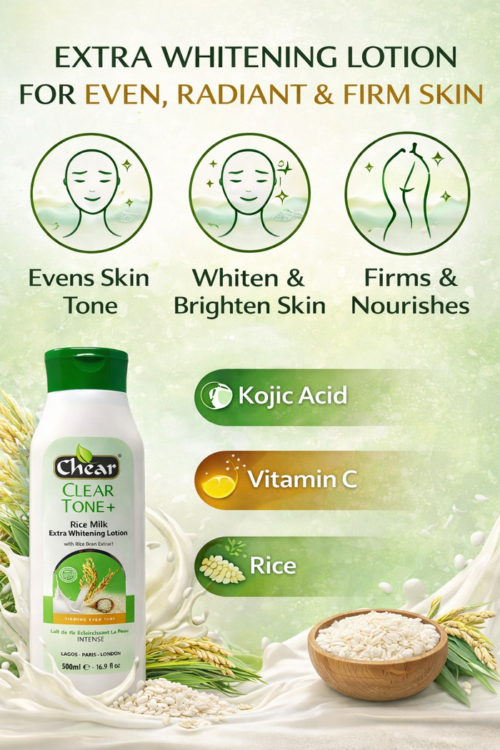 Chear Clear Tone + Rice Milk Extra Brightening Body Lotion – Dark Spot & Hyperpigmentation Lotion 500ml
