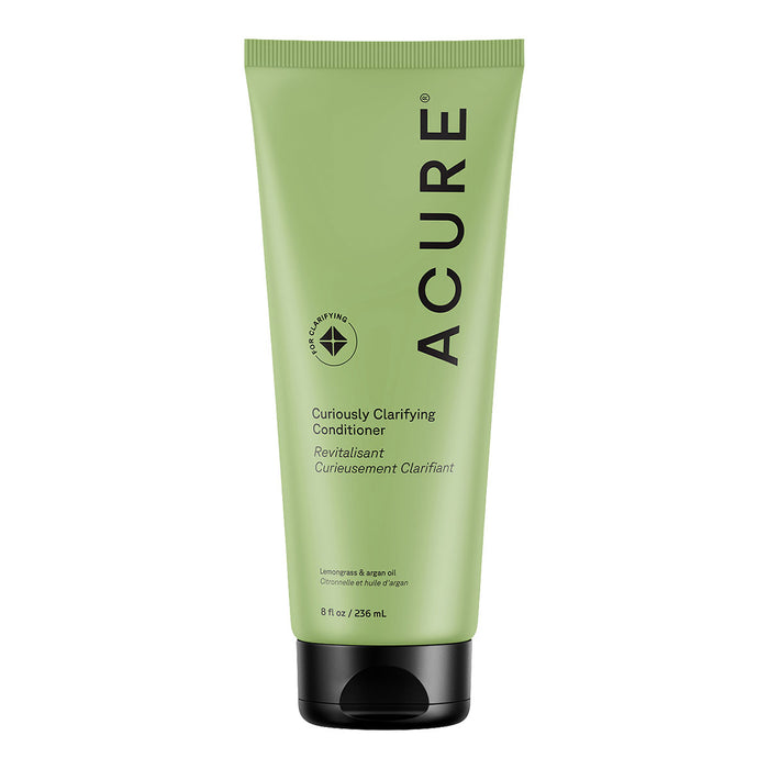 Green tube of Acure Curiously Clarifying Conditioner 236ml with a black text on a white background.