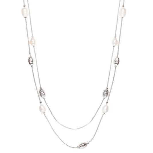 D& X London Audrey Silver & Fresh Water Pearls Multi Row Necklace
