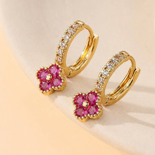 Dainty Clover Crystal Huggie Hoop Earrings