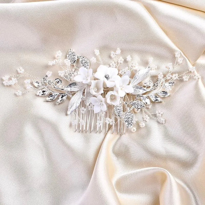 Wedding Hair Accessories - Ceramic Flowers Bridal Hair Comb - Available in Silver, Rose Gold and Yellow Gold