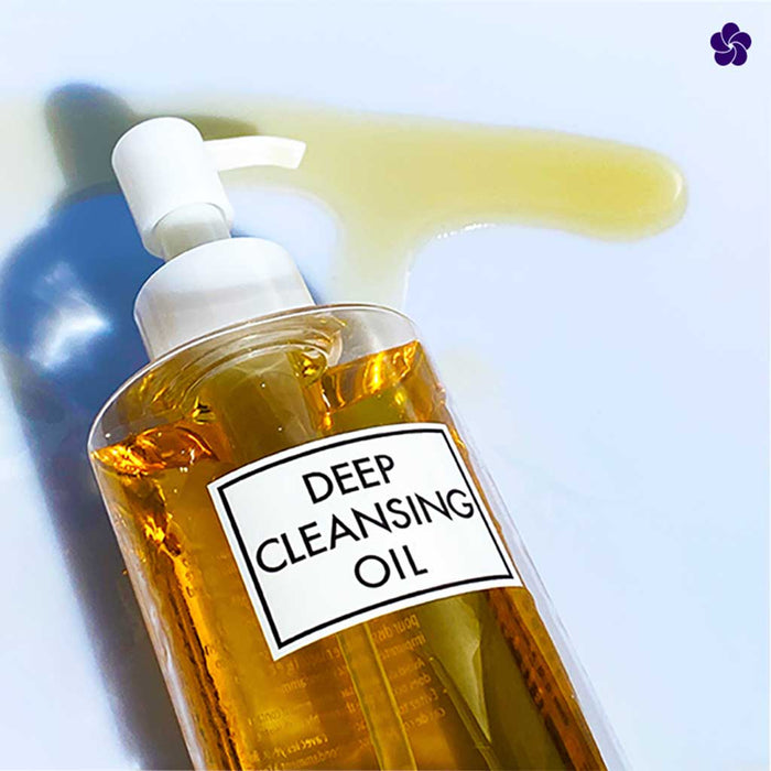 DHC Deep Cleansing Oil. Japanese makeup remover. Bottle and texture. Murasaki Cosmetics Japanese skincare shop in Europe