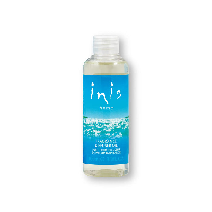 Bottle of inis home fragrance diffuser oil with a blue label on a white background
