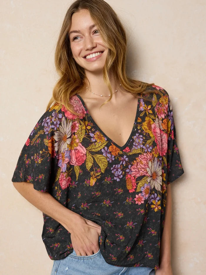 Easy V-Neck Top - English Garden Charcoal-view 1