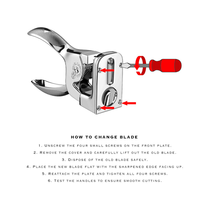 Instructions on how to change a blade with a metal clamp and screwdriver on a white background