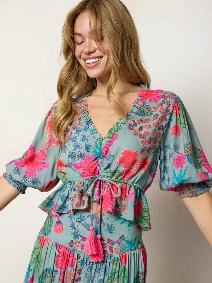 Elisa Ruffle Tie Top - Neon Tropical Floral-view 1