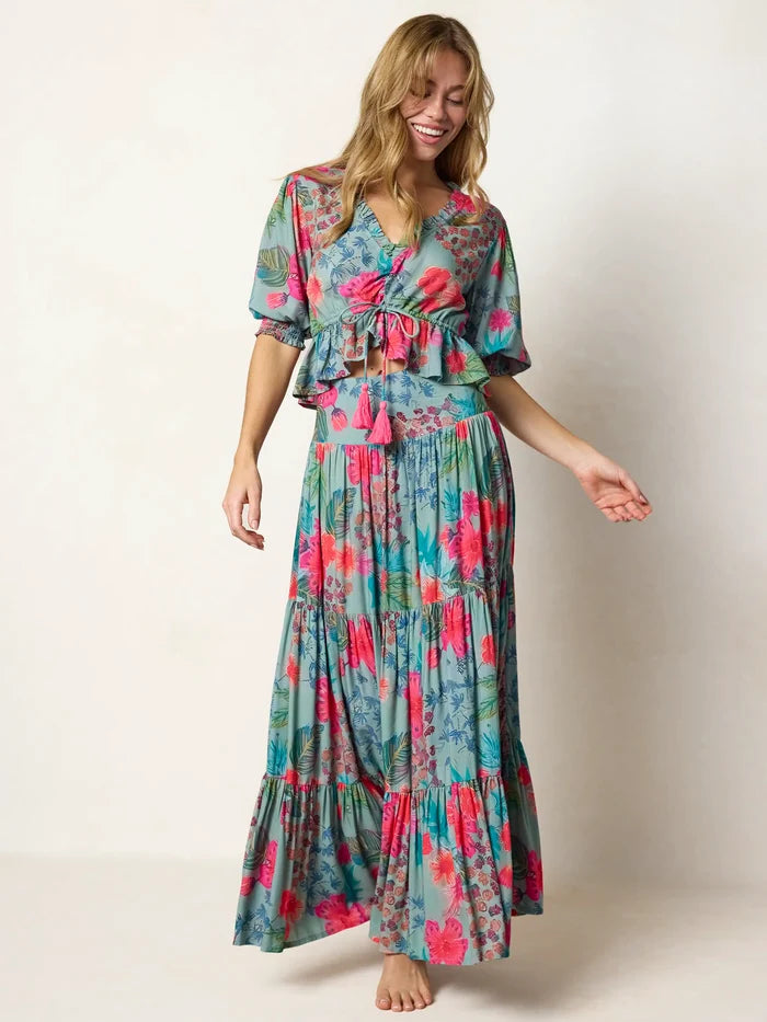Elisa Ruffle Tie Top - Neon Tropical Floral-view 2
