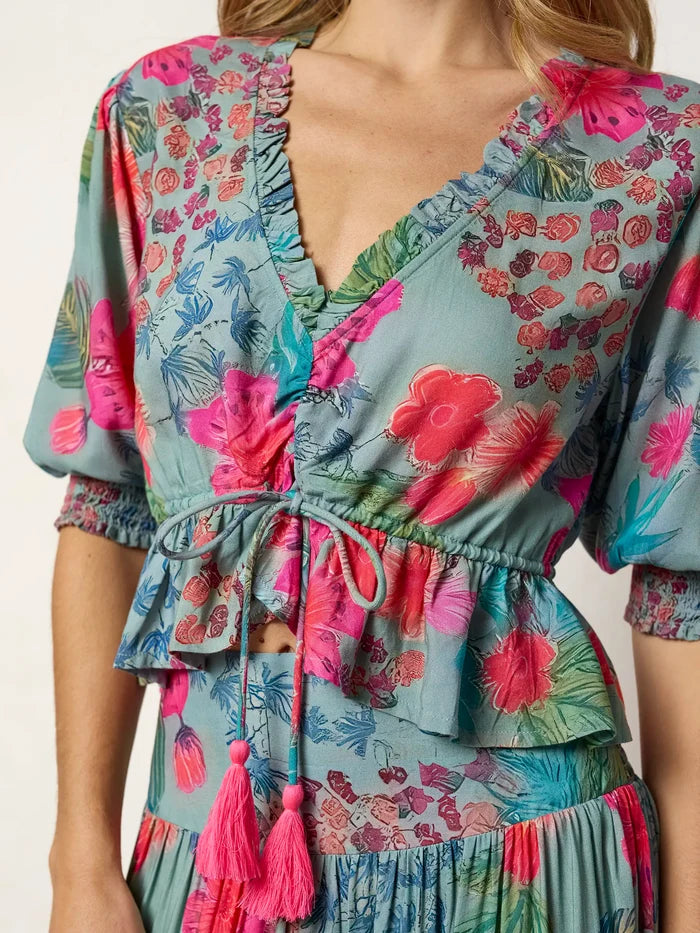 Elisa Ruffle Tie Top - Neon Tropical Floral-view 4