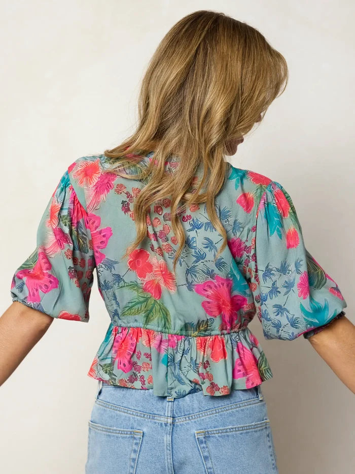 Elisa Ruffle Tie Top - Neon Tropical Floral-view 5