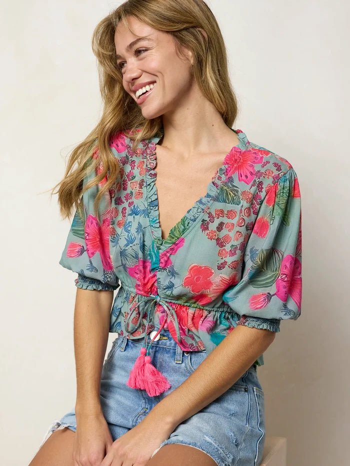 Elisa Ruffle Tie Top - Neon Tropical Floral-view 6