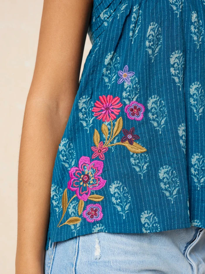 Embroidered Kate Top - Block Stamp Indigo-view 5