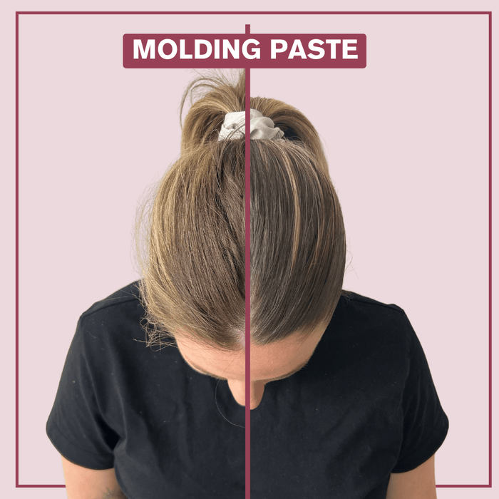 Side by side picture showing hair before and after use of the Alcove Hair Molding Paste 100 ml / 3.4 oz