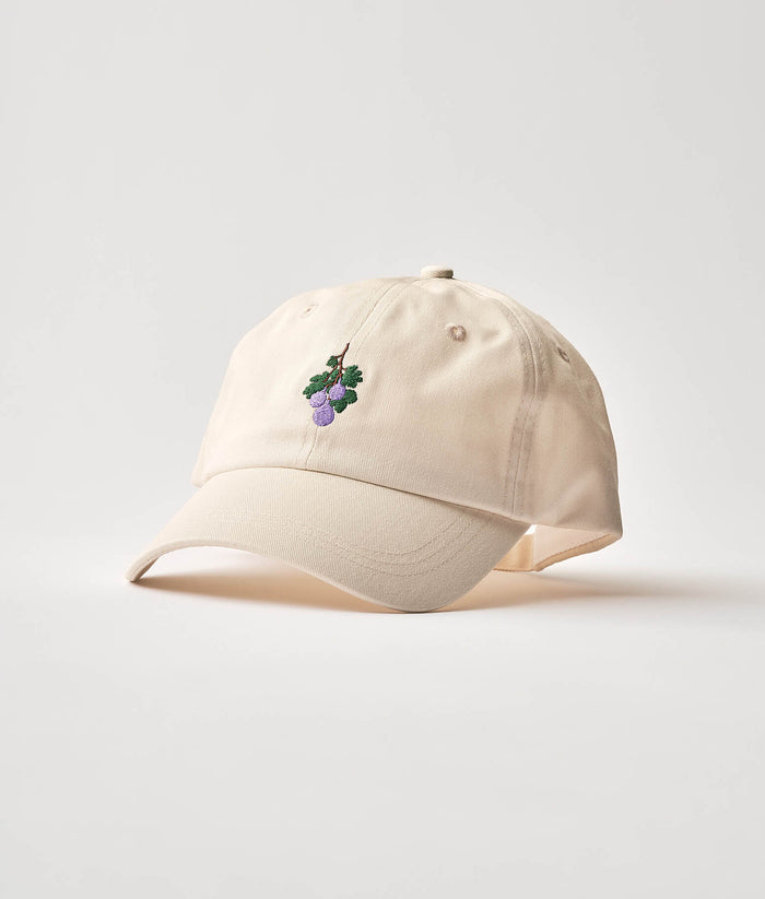Beige cap with a small embroidered design on a light gray background
