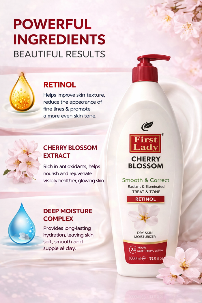 First Lady Cherry Blossom Moisturising Lotion 1000ml 🌸✨ | Retinol Body Lotion | Smooth, Hydrated & Radiant Skin | Pump Dispenser