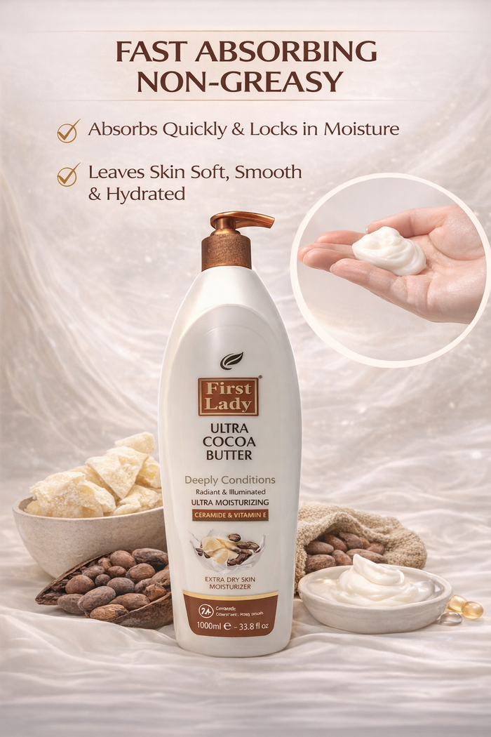 First Lady Cocoa Butter Moisturising Lotion 1000ml 🧴✨ | Vitamin E + Ceramide Body Lotion | Deep Hydration for Dry Skin | Pump Dispenser