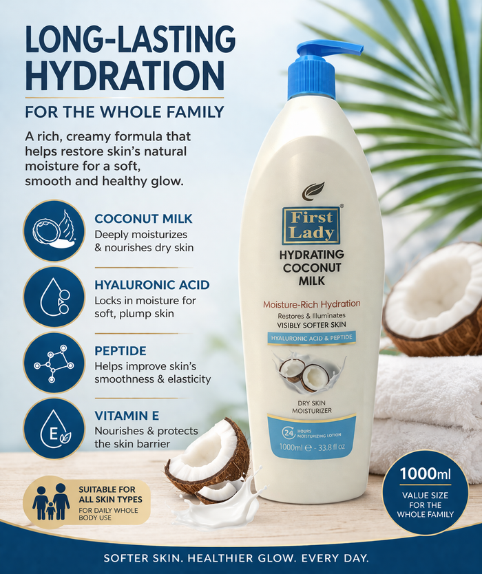 First Lady Coconut Moisturising Lotion 1000ml 🥥✨ | Hyaluronic Acid + Peptide Body Lotion | Deep Hydration, Firming & Glow | Pump Dispenser
