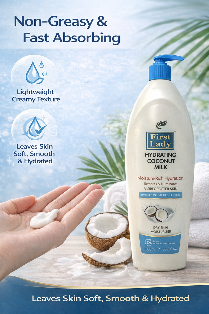 First Lady Coconut Moisturising Lotion 1000ml 🥥✨ | Hyaluronic Acid + Peptide Body Lotion | Deep Hydration, Firming & Glow | Pump Dispenser