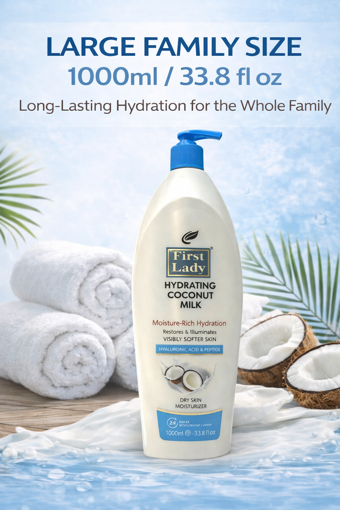 First Lady Coconut Moisturising Lotion 1000ml 🥥✨ | Hyaluronic Acid + Peptide Body Lotion | Deep Hydration, Firming & Glow | Pump Dispenser
