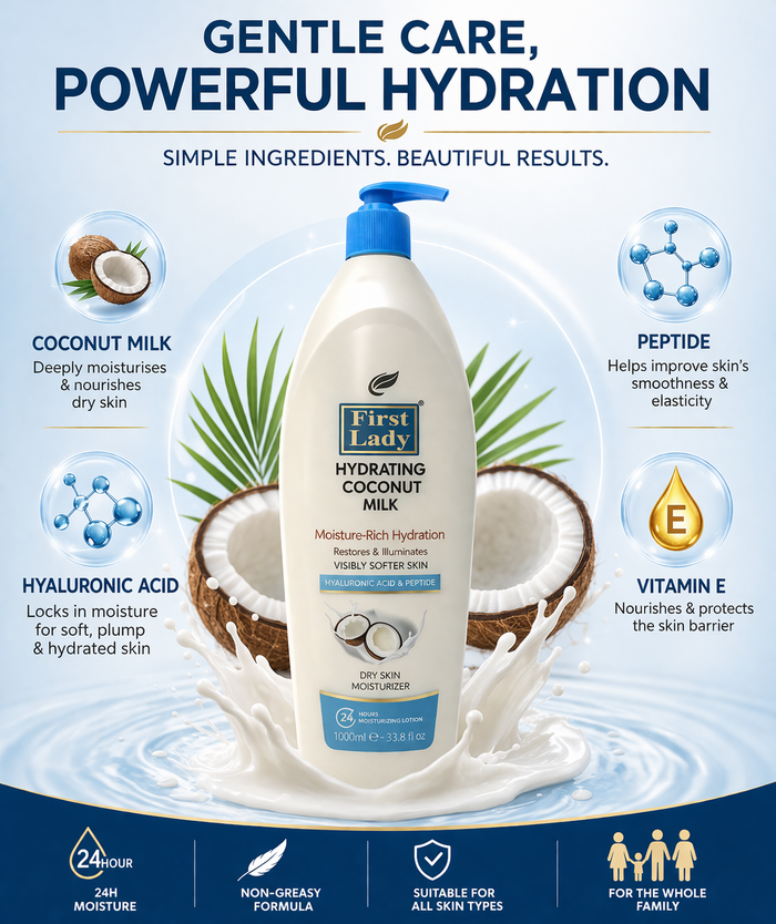 First Lady Coconut Moisturising Lotion 1000ml 🥥✨ | Hyaluronic Acid + Peptide Body Lotion | Deep Hydration, Firming & Glow | Pump Dispenser