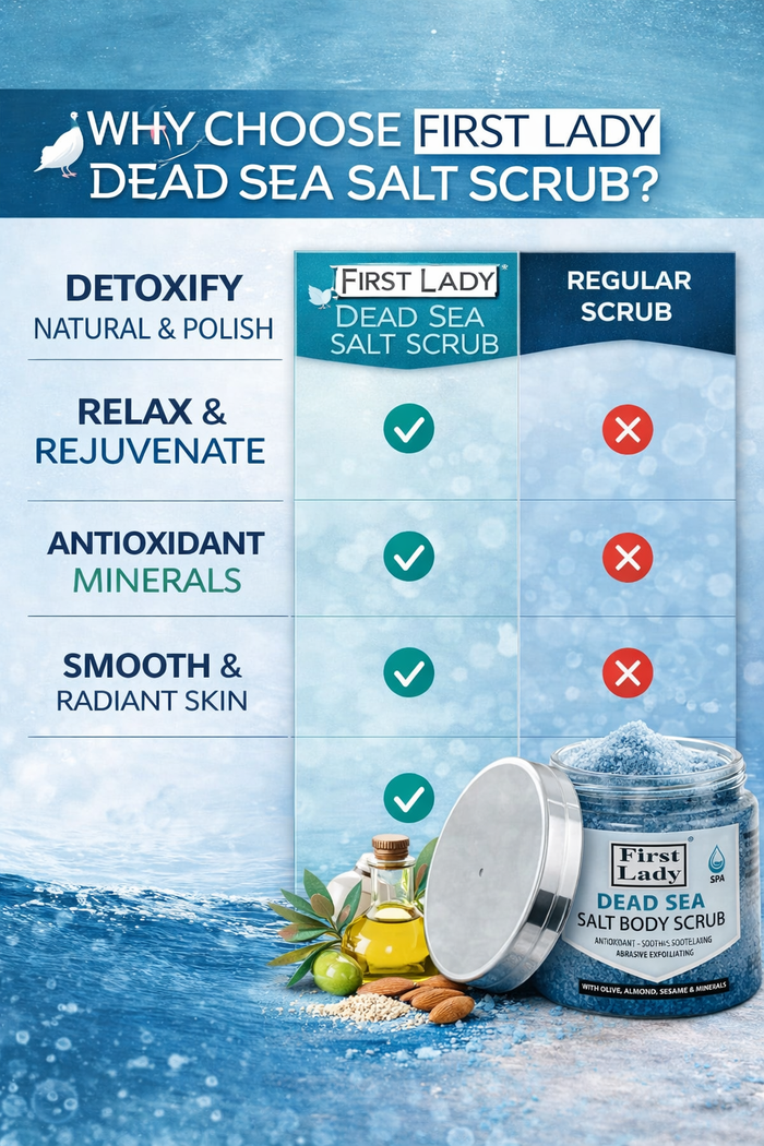 First Lady Dead Sea Salt Body Scrub 500ml | Exfoliating & Moisturising Scrub with Sunflower, Almond, Olive & Sesame Oils | Smooth Glowing Skin