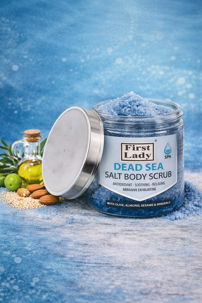 First Lady Dead Sea Salt Body Scrub 500ml | Exfoliating & Moisturising Scrub with Sunflower, Almond, Olive & Sesame Oils | Smooth Glowing Skin
