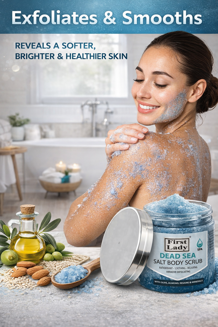 First Lady Dead Sea Salt Body Scrub 500ml | Exfoliating & Moisturising Scrub with Sunflower, Almond, Olive & Sesame Oils | Smooth Glowing Skin